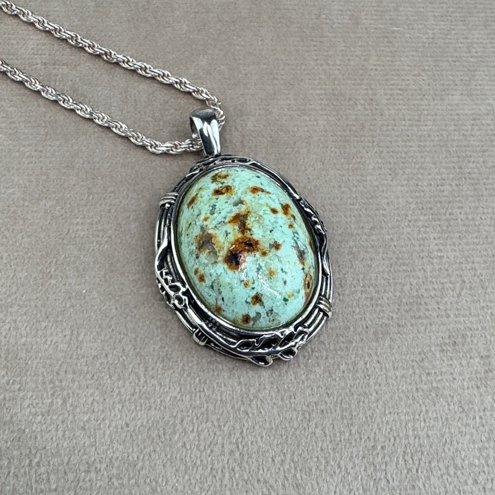 Vintage 925 Sterling Silver Green & Copper Turquoise Dome Pendant